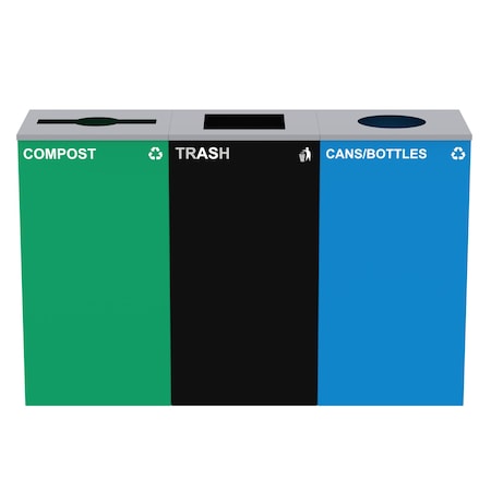 Alpine Industries 87 Gal. 3-Stream Steel Blue Cans & Bottles, Green Compost, and Black Commercial Trash Can Station ALP4450-BLK-KIT38